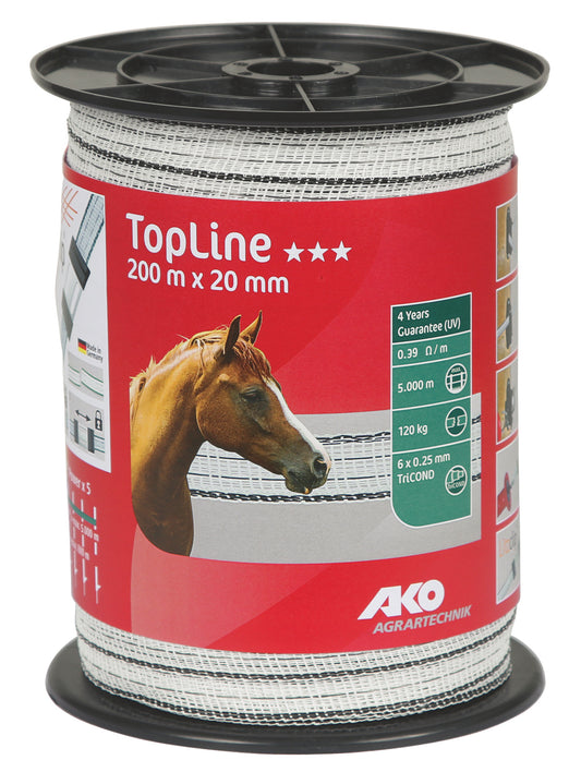 Gjerdeband TopLine 200 m, 20 mm, hvit / svart, ...